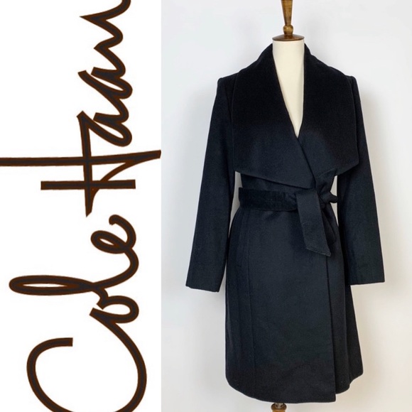 COLE HAAN Signature Black Wool Wrap Coat 10 NWT - Picture 1 of 8